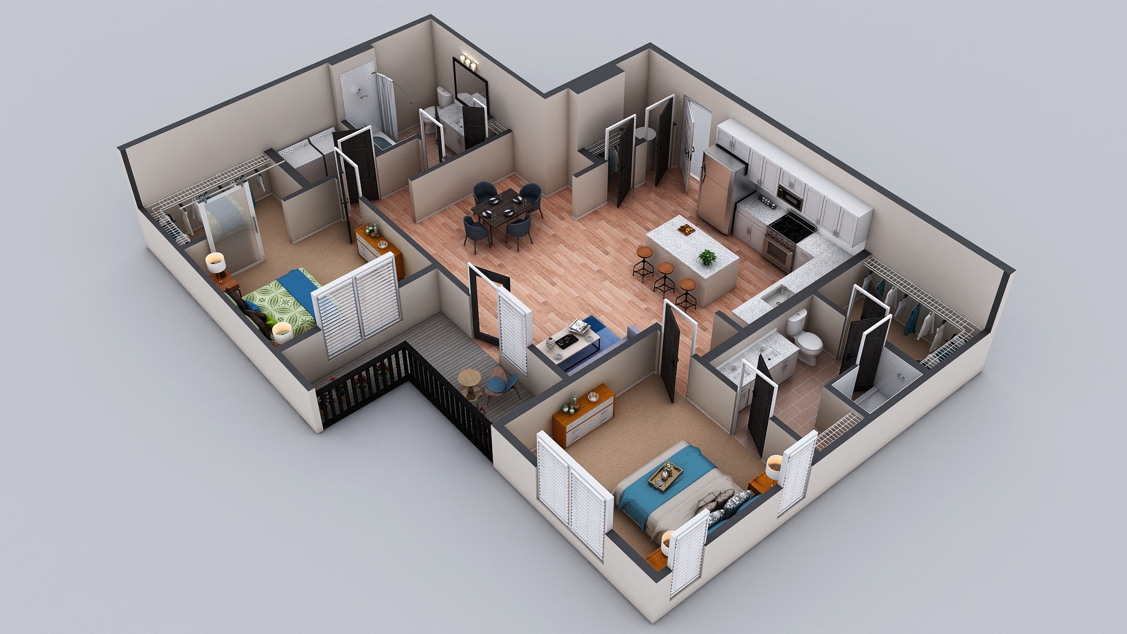Floor plan for 2 beds, 2 baths, 1363 sqft